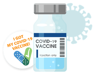 covid germ and vaccine bottle next to the words 