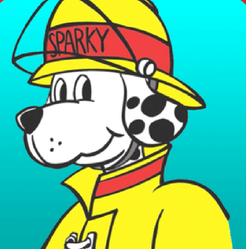 Sparky the fire dog dressed as a fire fighter