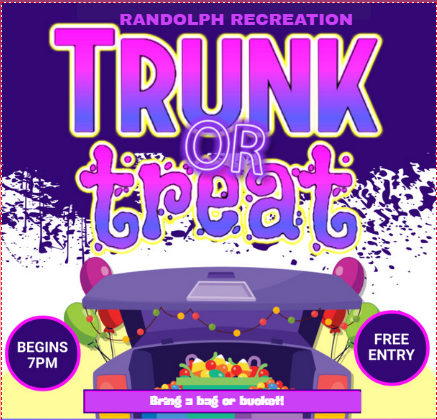 trick or trunk, Sat., Oct. 26th- a picture of goodies & a pumpkin in a car trunk with bats flying