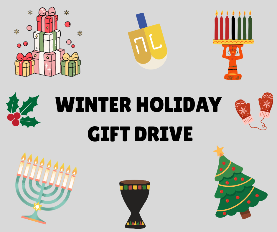 Pictures of Menorah, Dreidel, Christmas tree, Kinara, & Djembe Drum w/words Winter Holiday Gift Dr.