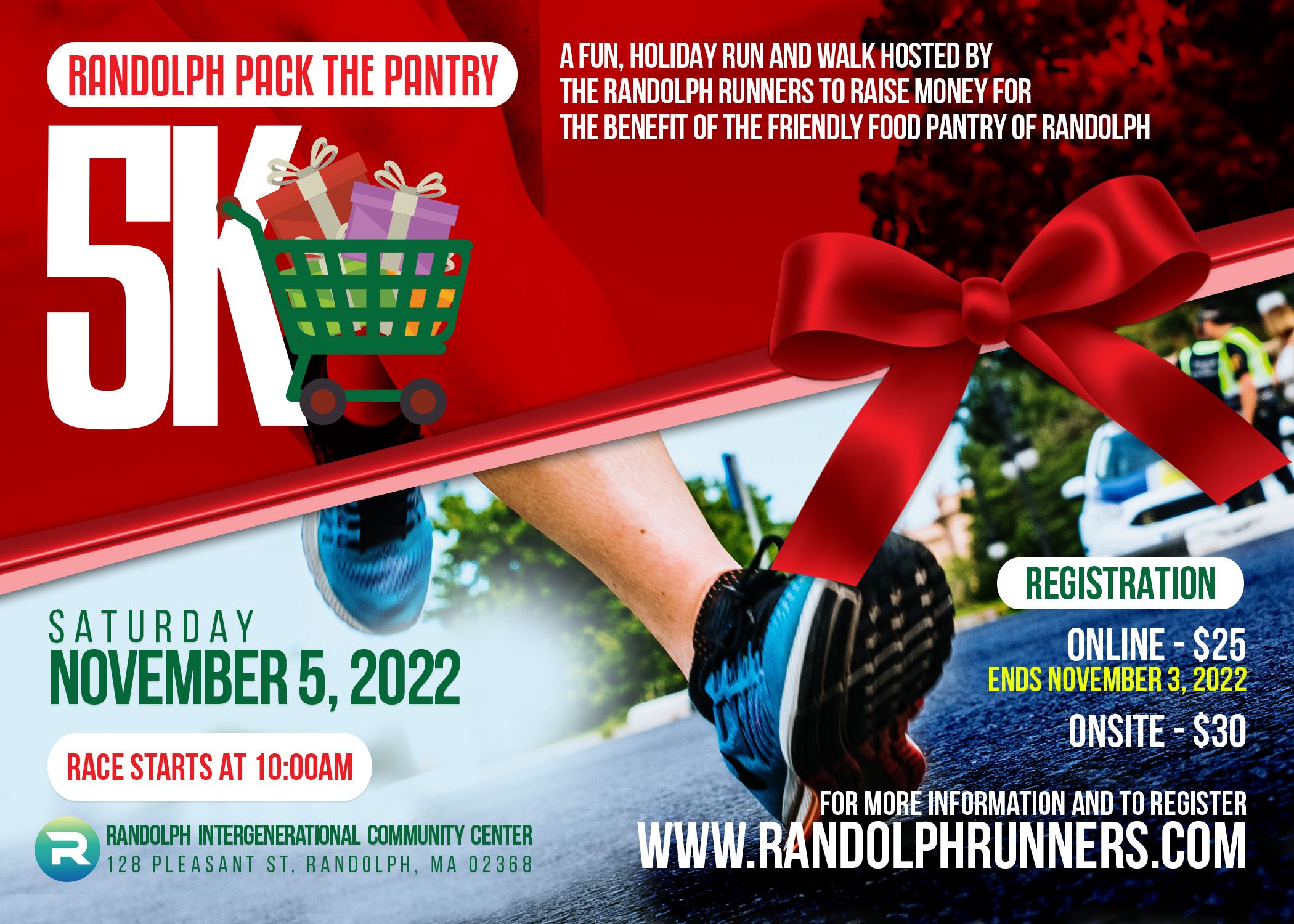 sneakers running with a shopping cart full of presents being pushed by a number 5 and letter K