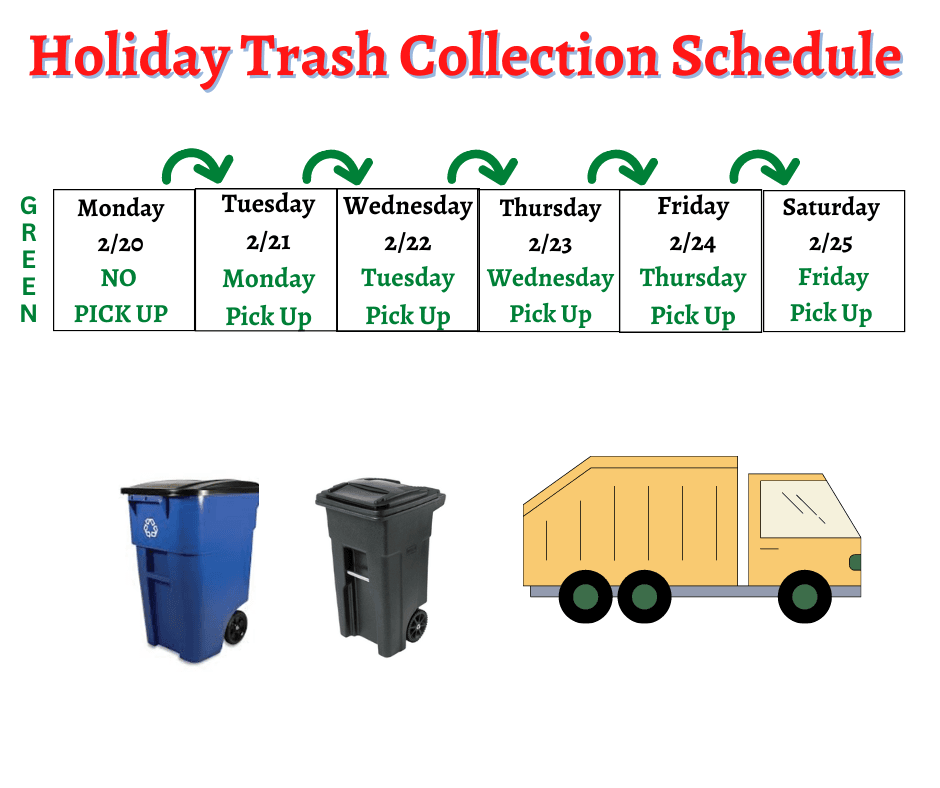 Trash Delay schedule for President's Day featuring a trash truck, trash barrel and recycling bin