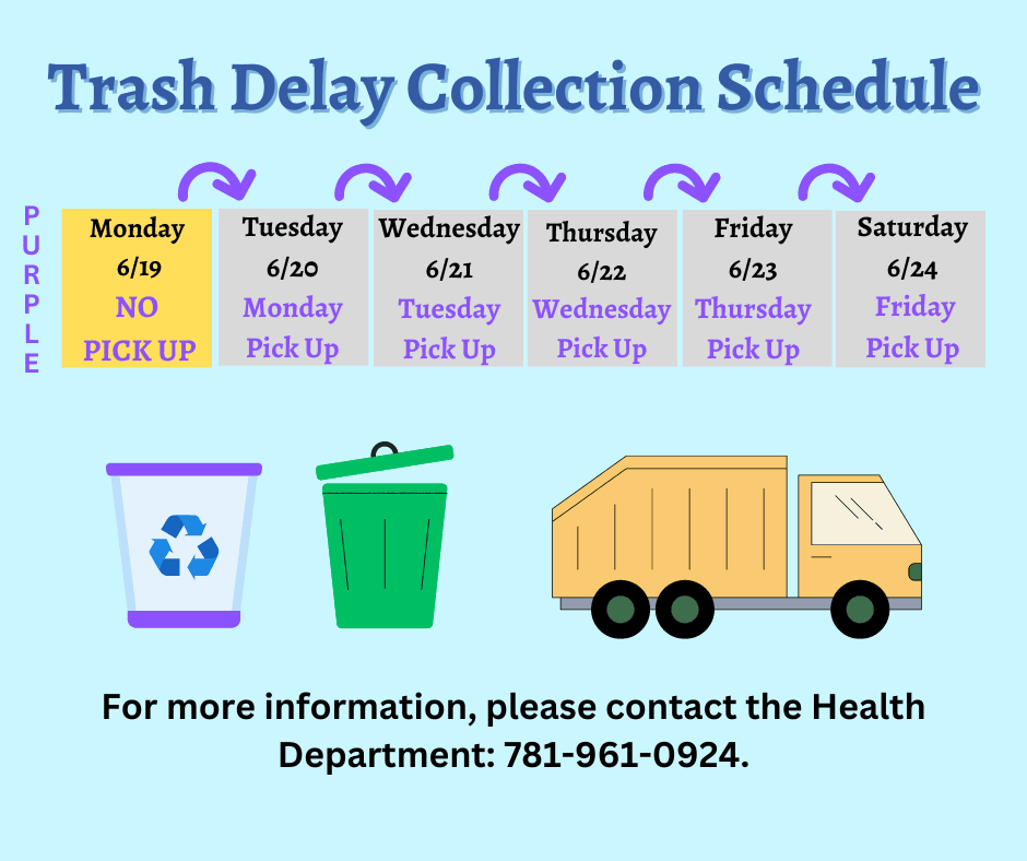 No pickup June 19th & a Picture of a trash truck, recycling bin indicating one day delay all week