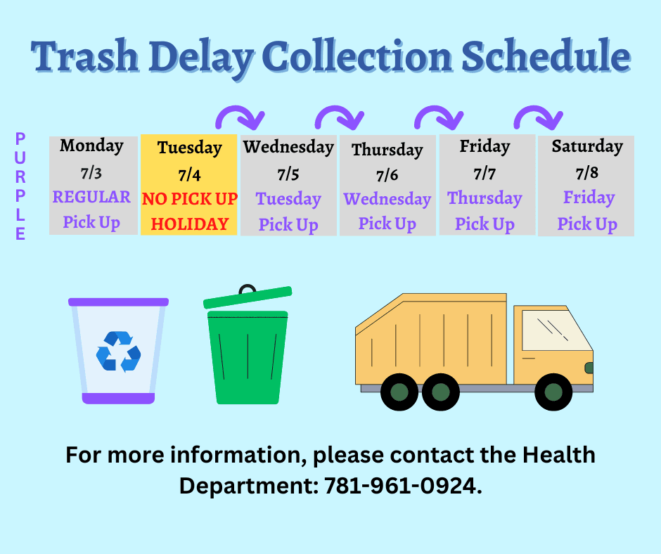 Trash Delay- no trash pick up on 4th of July- one day delay rest of week and picture of trash truck