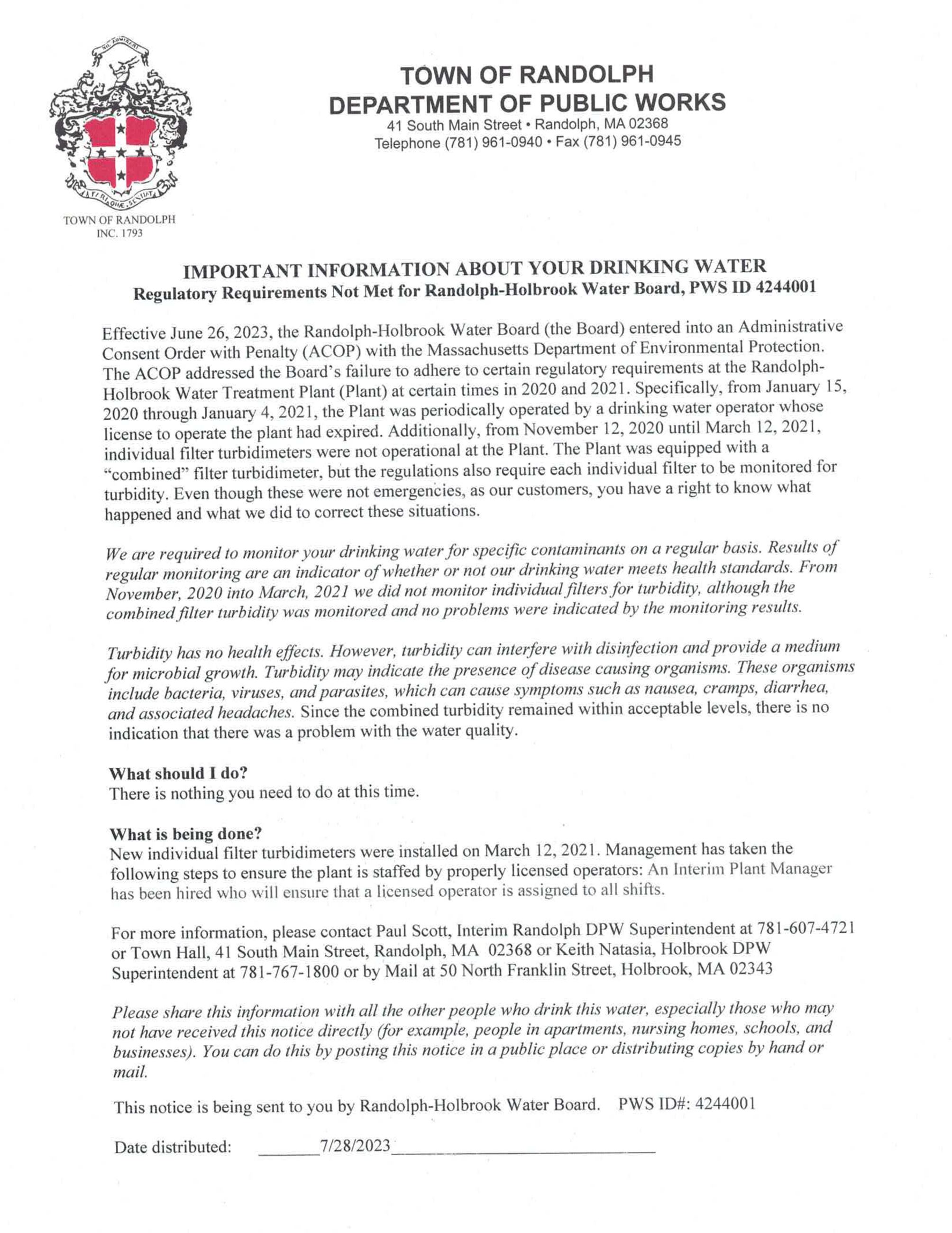 Randolph-Holbrook ACOP Public Notice about violations at the water treatment plant