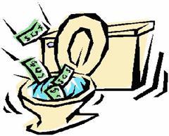 Money being flushed down a toilet