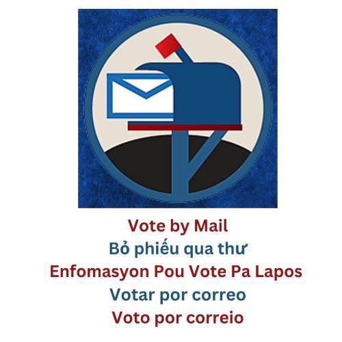A mailbox with a letter inside indicating voting by mail; information on voting by mail