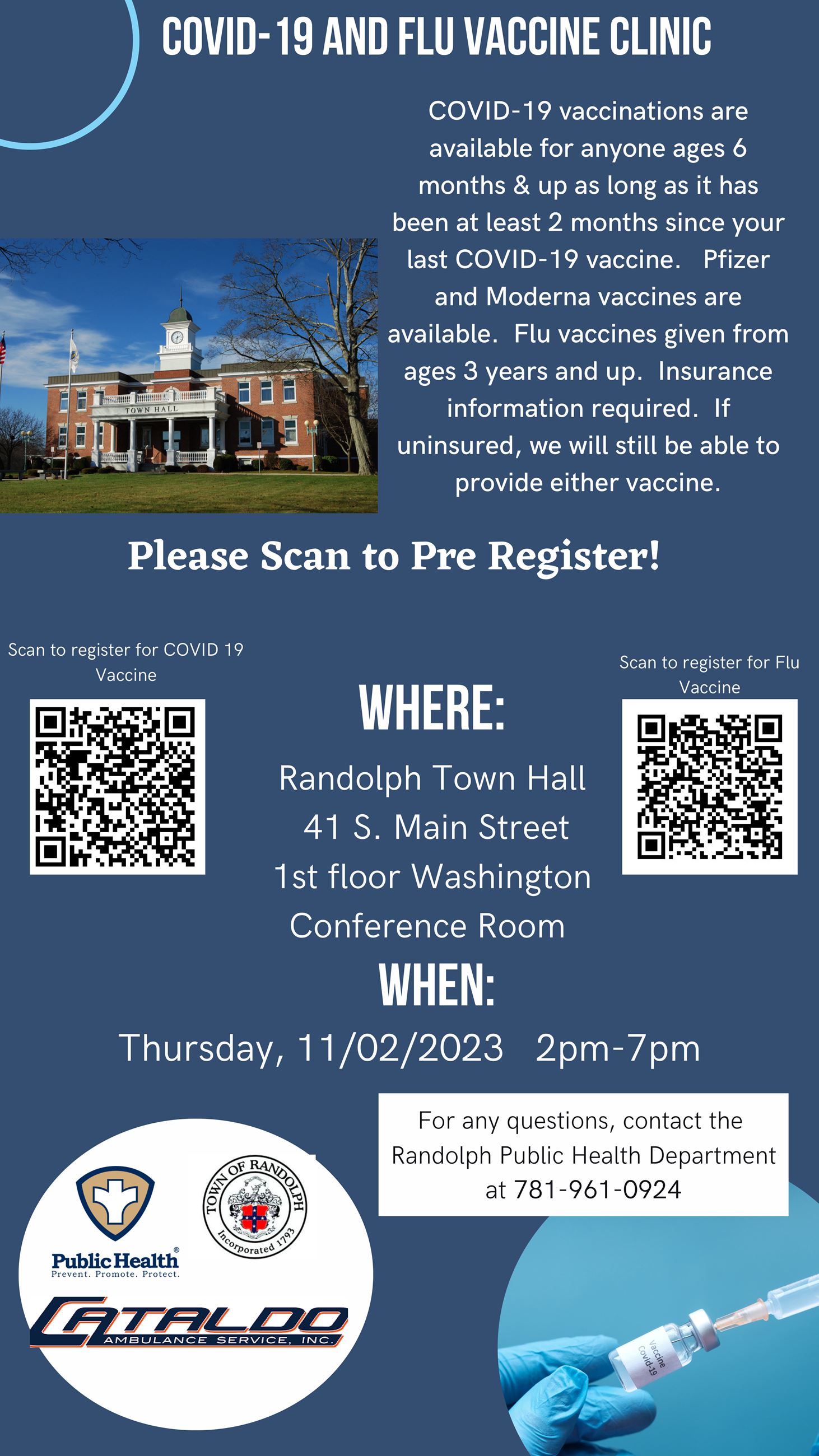 COVID-19 Vaccine and Flu Vaccine Clinic, Thursday, Nov. 2nd from 2pm-7pm at Town Hall
