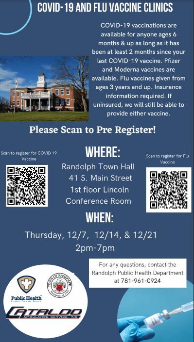 covid vaccines Dec. 7, 14, 21 from 2 pm-7pm at Town Hall
