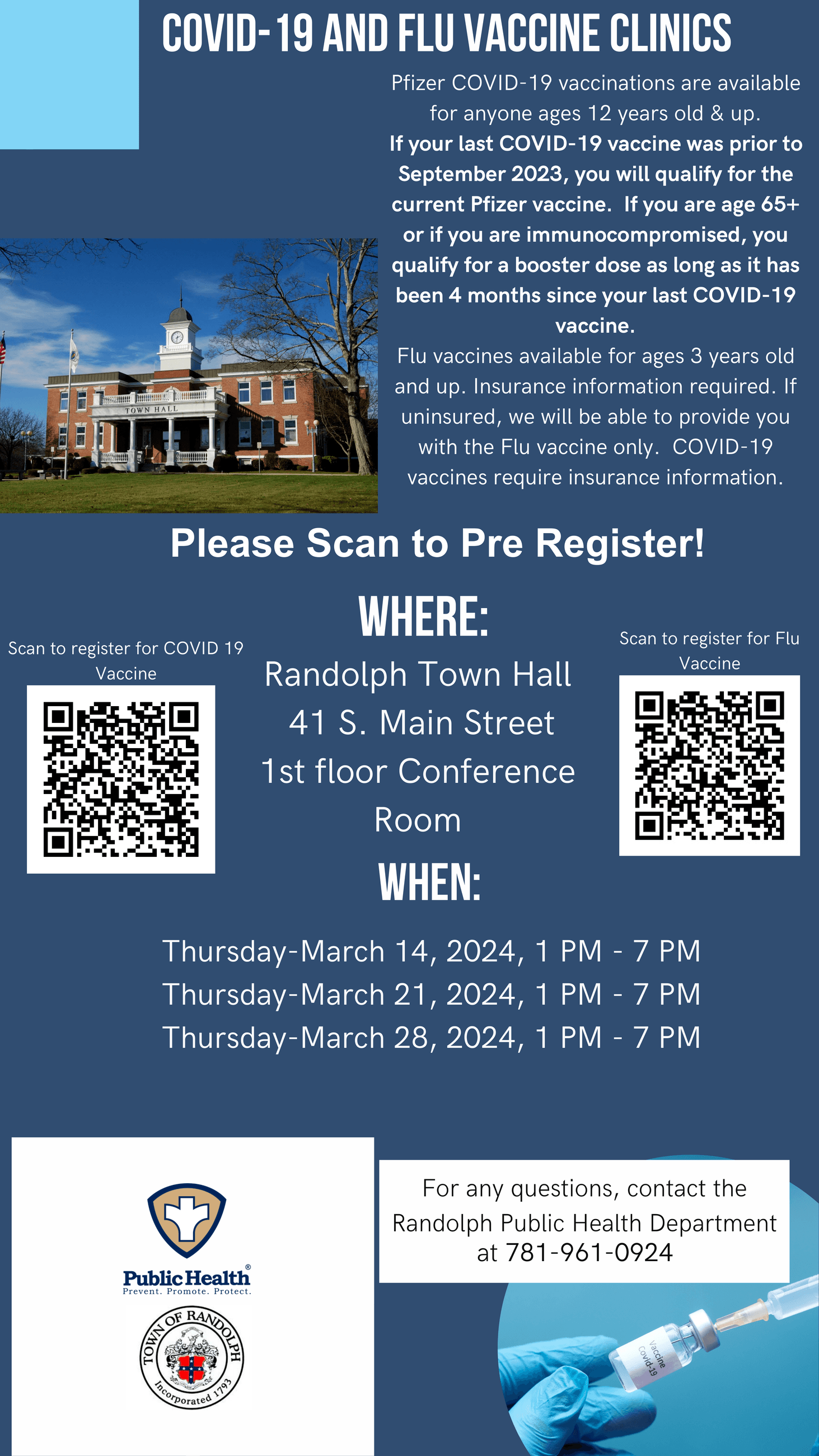 Covid-19  and Flu Vaccination Clinics- Every Thursday in March from 1 pm to 7 pm at Town Hall