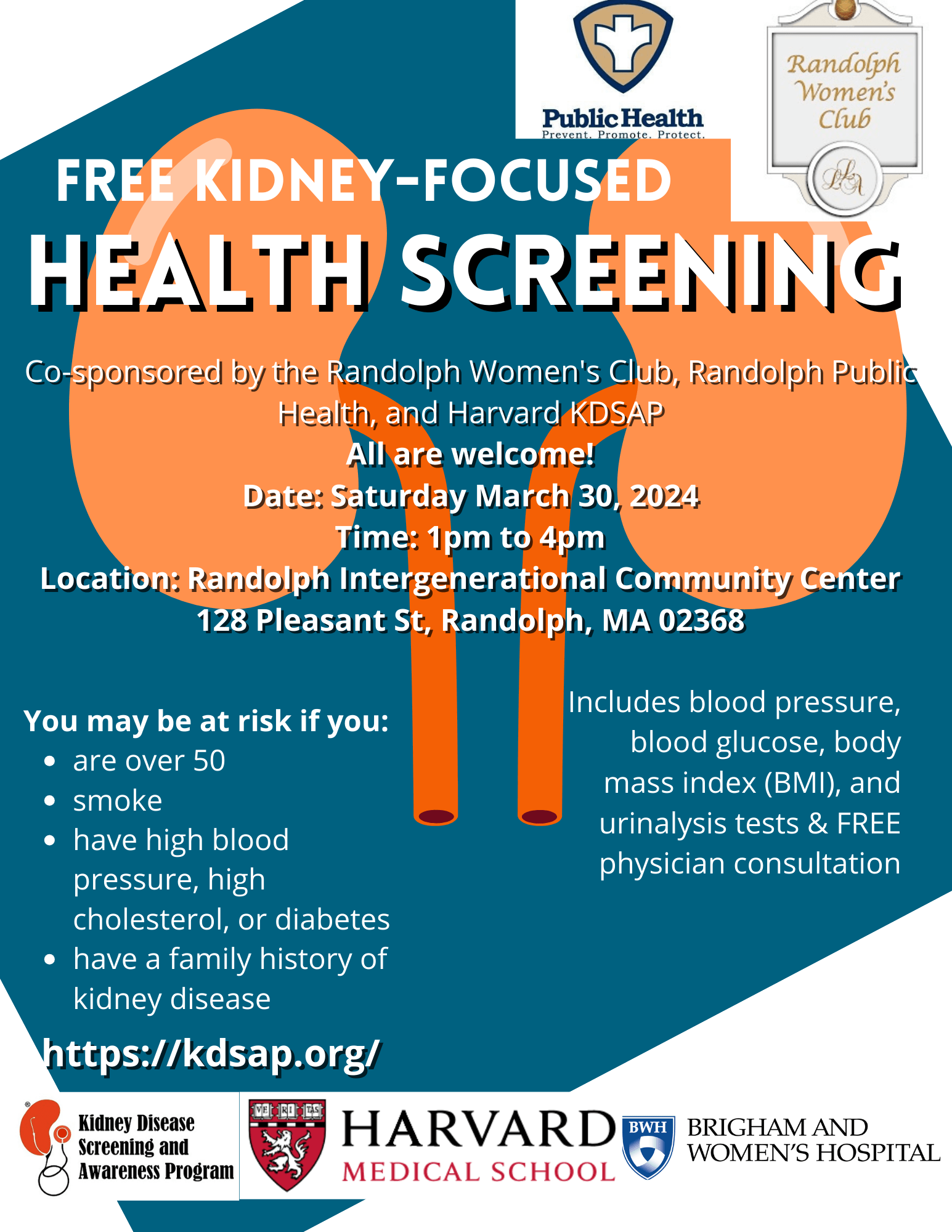 Free Kidney Health Screening-March 30th from 1pm- 4pm at the RICC, 128 Pleasant St