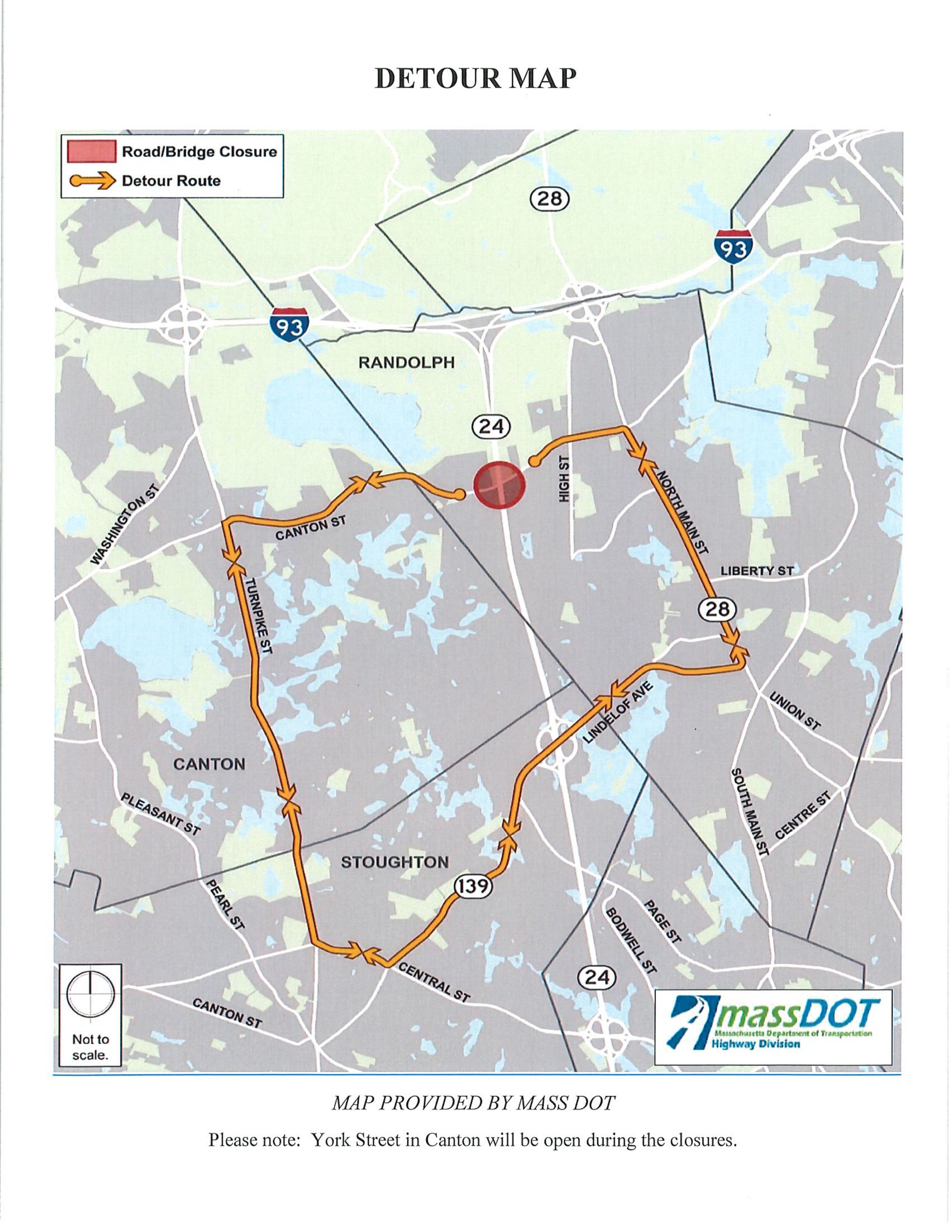 Detour map showing alternate route when Canton Street Bridge Area is closed April 5th-8th