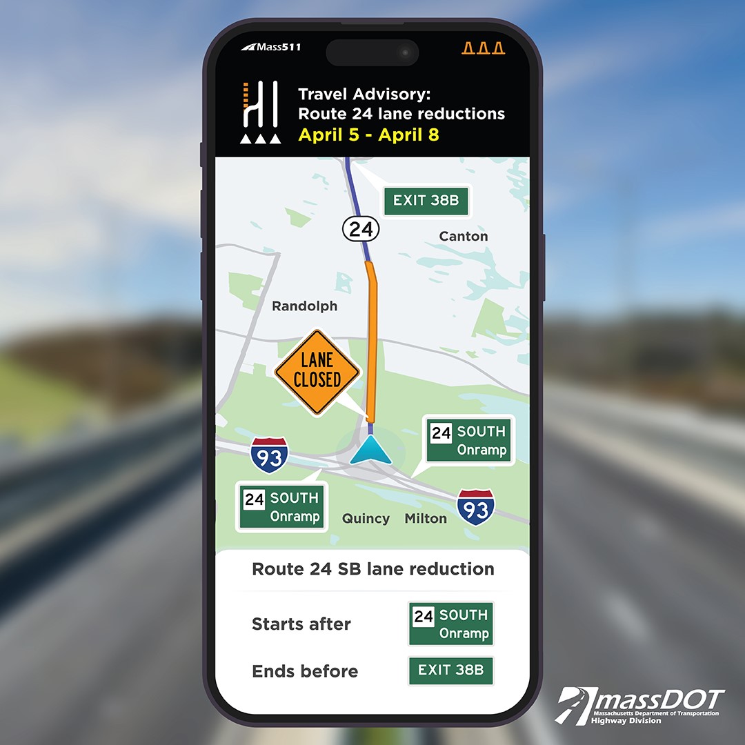 Travel Advisory- Rt. 24 lane reductions April 5th- April 8 with a picture of Rt. 24 and the changes