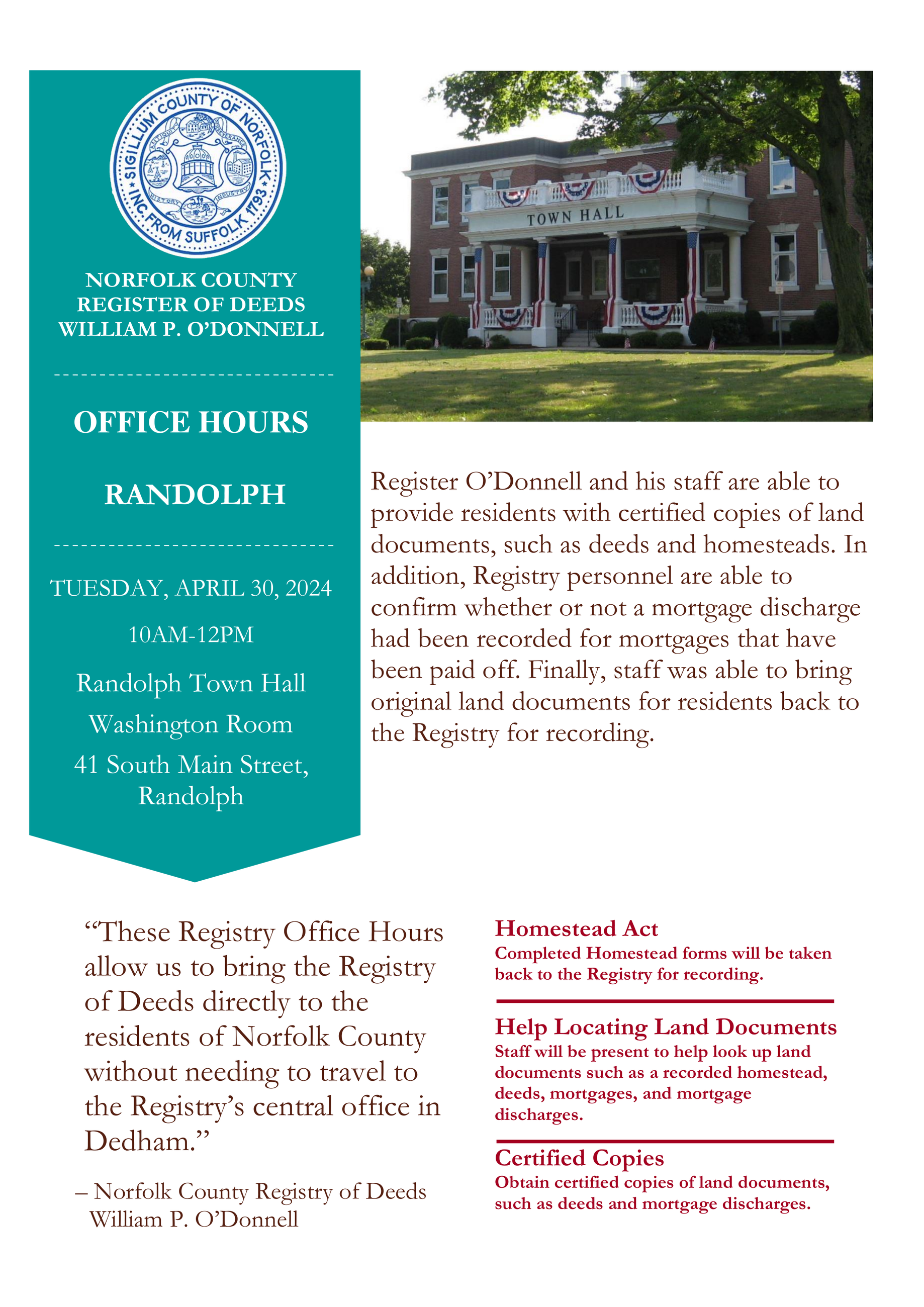Register of Deeds Office Hours- Tuesday, April 30th 10 am- 12 pm, Washington Room, Town Hall